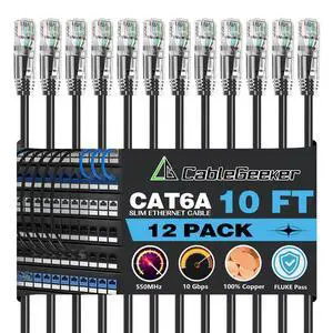 CableGeeker Patch Cables Cat6a 10ft (12 Pack) Slim, Cat6 Ethernet Patch Cable 10G Support, Snagless RJ45 Cat 6 Patch Cable for Patch Panel to Switch, Flexible Network Cable - 10 Feet Black CableGeeker Patch Cables Cat6a 10ft (12 Pack) Slim, Cat6 Ethernet Patch Cable 10G Support, Snagless RJ45 Cat 6 Patch Cable for Patch Panel to Switch, Flexible Network Cable - 10 Feet Black
