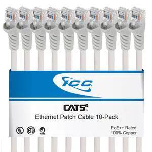 ICC CAT5e Ethernet Patch Cord 1 FT 10-Pack, UTP 24 AWG UL Listed, PoE++, 100% Stranded Copper Snagless Patch Cable for Patch Panel to Network Switch for Data Center, Office, and Home, 1 Feet White ICC CAT5e Ethernet Patch Cord 1 FT 10-Pack, UTP 24 AWG UL Listed, PoE++, 100% Stranded Copper Snagless Patch Cable for Patch Panel to Network Switch for Data Center, Office, and Home, 1 Feet White