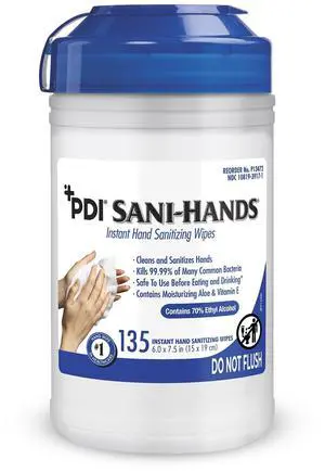PDI SaniHands ALC Antimicrobial Alcohol Gel Hand Wipe, 135 Per Canister PDI SaniHands ALC Antimicrobial Alcohol Gel Hand Wipe, 135 Per Canister