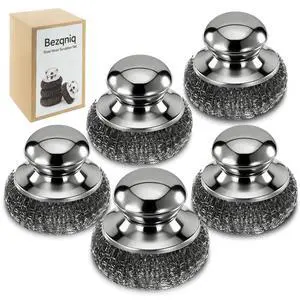 Steel Wool Scrubber with Handle, Stainless Steel, 5 Pack, for Cast Iron, Pots, Pans, Grill, Stoves, Sink (Sliver, M) Steel Wool Scrubber with Handle, Stainless Steel, 5 Pack, for Cast Iron, Pots, Pans, Grill, Stoves, Sink (Sliver, M)