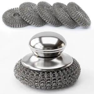 5 Pcs Steel Wool Scrubber with Handle: Stainless Steel Scrub Set for Cast Iron Scouring Stubborn Messes from Cast Iron, Pots, Pans, Grill, Stoves, Sink (1 Scrubber + 5 Pads) 5 Pcs Steel Wool Scrubber with Handle: Stainless Steel Scrub Set for Cast Iron Scouring Stubborn Messes from Cast Iron, Pots, Pans, Grill, Stoves, Sink (1 Scrubber + 5 Pads)