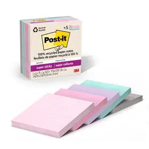 Post-it 100% Recycled Paper Super Sticky Notes, 3 in. x 3 in., 5 Pads, 70 Sheets per Pad, Wanderlust Pastels, Back to School Supplies and Office Products Post-it 100% Recycled Paper Super Sticky Notes, 3 in. x 3 in., 5 Pads, 70 Sheets per Pad, Wanderlust Pastels, Back to School Supplies and Office Products