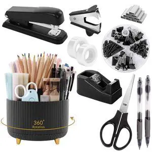 SKYDUE Black Office Supplies, Black Office Desk Accessories 10PCS, Pencil Holder for Desk, Stapler, Tape Dispenser, Scissors, Ruler, Clips and 1000pcs Staples, Desk Supplies Set SKYDUE Black Office Supplies, Black Office Desk Accessories 10PCS, Pencil Holder for Desk, Stapler, Tape Dispenser, Scissors, Ruler, Clips and 1000pcs Staples, Desk Supplies Set