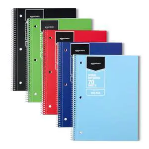 Amazon Basics Wide Ruled Spiral Notebook, For Work and School, 70 Sheets, 8" x 10.5", Assorted Solid Colors, 5 pack Amazon Basics Wide Ruled Spiral Notebook, For Work and School, 70 Sheets, 8" x 10.5", Assorted Solid Colors, 5 pack