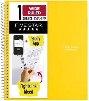 Five Star Spiral Notebook + Study App, 1 Subject, Wide Ruled Paper, 8" x 10.5", 100 Sheets, Fights Ink Bleed, Water Resistant Cover, Vivid Yellow (930010CJ1) Five Star Spiral Notebook + Study App, 1 Subject, Wide Ruled Paper, 8" x 10.5", 100 Sheets, Fights Ink Bleed, Water Resistant Cover, Vivid Yellow (930010CJ1)