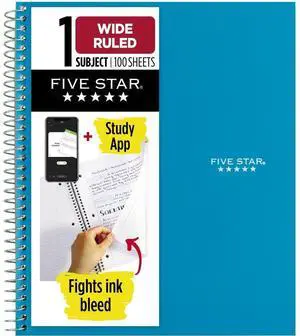 Five Star Spiral Notebook + Study App, 1 Subject, Wide Ruled Paper, 8" x 10-1/2", 100 Sheets, Fights Ink Bleed, Water Resistant Cover, Tidewater Blue (72875) Five Star Spiral Notebook + Study App, 1 Subject, Wide Ruled Paper, 8" x 10-1/2", 100 Sheets, Fights Ink Bleed, Water Resistant Cover, Tidewater Blue (72875)