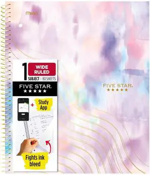 Five Star Spiral Notebook + Study App, 1 Subject, Wide Ruled, 8" x 10-1/2", 80 Sheets, Fights Ink Bleed, Water Resistant Cover, Pastel Tie Dye (930210F-ECM) Five Star Spiral Notebook + Study App, 1 Subject, Wide Ruled, 8" x 10-1/2", 80 Sheets, Fights Ink Bleed, Water Resistant Cover, Pastel Tie Dye (930210F-ECM)