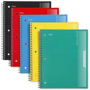 Mead Spiral Notebooks, 1 Subject, Wide Ruled Paper, 8" x 10-1/2", 100 Sheets, Assorted Colors, 5 Pack (930093) Mead Spiral Notebooks, 1 Subject, Wide Ruled Paper, 8" x 10-1/2", 100 Sheets, Assorted Colors, 5 Pack (930093)