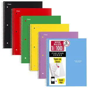 Five Star Spiral Notebook + Study App, 6 Pack, 1 Subject, Wide Ruled Paper, 8" x 10-1/2", 100 Sheets, Fights Ink Bleed, Water Resistant Cover, Assorted Colors (38042) Five Star Spiral Notebook + Study App, 6 Pack, 1 Subject, Wide Ruled Paper, 8" x 10-1/2", 100 Sheets, Fights Ink Bleed, Water Resistant Cover, Assorted Colors (38042)
