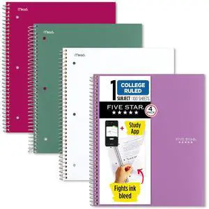 Five Star Spiral Notebook + Study App, 100 Sheets, 1 Subject, College Ruled Paper, Fights Ink Bleed, Water Resistant Cover, 820337-ECM, Purple, Pink, White & Green, 8-1/2" x 11", 4 Pack Five Star Spiral Notebook + Study App, 100 Sheets, 1 Subject, College Ruled Paper, Fights Ink Bleed, Water Resistant Cover, 820337-ECM, Purple, Pink, White & Green, 8-1/2" x 11", 4 Pack