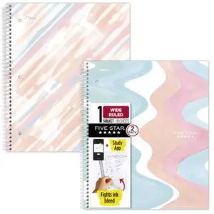 Five Star Spiral Notebook + Study App, 2 Pack, 1 Subject, Wide Ruled, 8" x 10-1/2", 80 Sheets, Fights Ink Bleed, Water Resistant Cover, Pastel Waves and Brush Strokes (930210F-ECM) Five Star Spiral Notebook + Study App, 2 Pack, 1 Subject, Wide Ruled, 8" x 10-1/2", 80 Sheets, Fights Ink Bleed, Water Resistant Cover, Pastel Waves and Brush Strokes (930210F-ECM)