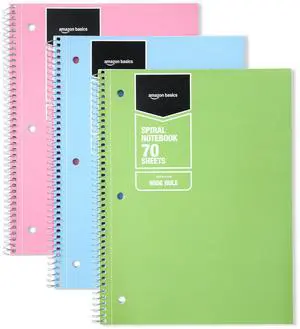 Amazon Basics Wide Ruled Spiral Notebook, For Work and School, 70 Sheets, 8" x 10.5", 3 pack, Assorted Pastel Solid Colors Amazon Basics Wide Ruled Spiral Notebook, For Work and School, 70 Sheets, 8" x 10.5", 3 pack, Assorted Pastel Solid Colors