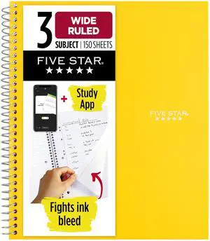 Five Star Spiral Notebook + Study App, 3 Subject, Wide Ruled Paper, 8" x 10-1/2", 150 Sheets, Fights Ink Bleed, Water Resistant Cover, Harvest Yellow (73463) Five Star Spiral Notebook + Study App, 3 Subject, Wide Ruled Paper, 8" x 10-1/2", 150 Sheets, Fights Ink Bleed, Water Resistant Cover, Harvest Yellow (73463)