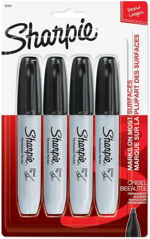 Sharpie Permanent Markers, Large, Chisel Tip, Black, 4 Count - Marks on Paper, Plastic, Metal, and More Sharpie Permanent Markers, Large, Chisel Tip, Black, 4 Count - Marks on Paper, Plastic, Metal, and More