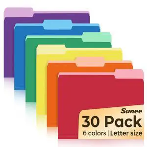 SUNEE File Folders, 30 Pack Manilla Folders 8.5 x 11, Colored File Folders Home Office School Supplies for Documents Files Paper, 6 Assorted Colors SUNEE File Folders, 30 Pack Manilla Folders 8.5 x 11, Colored File Folders Home Office School Supplies for Documents Files Paper, 6 Assorted Colors