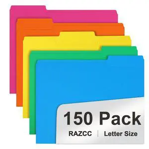 File Folder, RAZCC 150 Pack 1/3 Cut Tab Colored File Folders, File Folder Letter Size for Office Classroom Use, Assorted 5 Colors Folders with Tabs File Folder, RAZCC 150 Pack 1/3 Cut Tab Colored File Folders, File Folder Letter Size for Office Classroom Use, Assorted 5 Colors Folders with Tabs