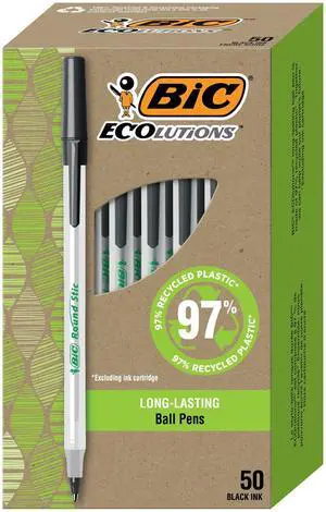 BIC Ecolutions Round Stic Ballpoint Pens, Medium Point (1.0mm), 50-Count Pack, Black Ink Pens Made from 97% Recycled Plastic BIC Ecolutions Round Stic Ballpoint Pens, Medium Point (1.0mm), 50-Count Pack, Black Ink Pens Made from 97% Recycled Plastic