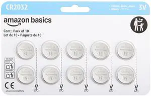Amazon Basics CR2032 3V Lithium Coin Cell Batteries for Key Fob, Watch, Remote, Child-Proof Package, Non-Coated, AirTag Compatible, 10-Pack Amazon Basics CR2032 3V Lithium Coin Cell Batteries for Key Fob, Watch, Remote, Child-Proof Package, Non-Coated, AirTag Compatible, 10-Pack