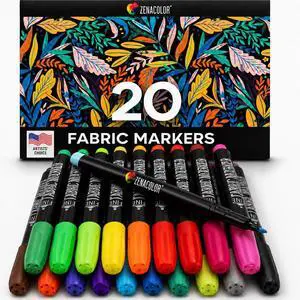 Zenacolor 20 Fabric Markers Pens Set - Indelible and Permanent Fabric Paint Fine Point Textile Marker Pen Zenacolor 20 Fabric Markers Pens Set - Indelible and Permanent Fabric Paint Fine Point Textile Marker Pen