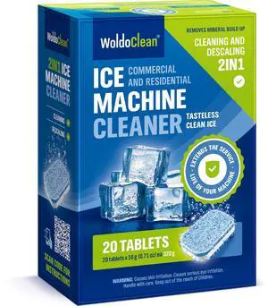 WoldoClean Ice Machine Cleaner Tablets 20 Count - 2in1 Descaler, Extra Strength 16g Dual Action for Countertop, Nugget, Portable, Commercial Ice Makers, Nickel Safe WoldoClean Ice Machine Cleaner Tablets 20 Count - 2in1 Descaler, Extra Strength 16g Dual Action for Countertop, Nugget, Portable, Commercial Ice Makers, Nickel Safe