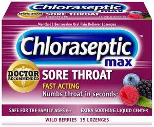 Chloraseptic Max Strength Sore Throat Relief Lozenges, Wild Berry, Drops with Liquid Center to Numb Sore Throat, 15 Count Chloraseptic Max Strength Sore Throat Relief Lozenges, Wild Berry, Drops with Liquid Center to Numb Sore Throat, 15 Count