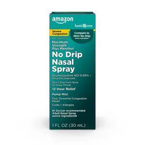 Amazon Basic Care No Drip Severe 12 Hour Nasal Decongestant Pump Mist, Maximum Strength Plus Menthol, Allergy Relief, 1 fl oz (Pack of 1) Amazon Basic Care No Drip Severe 12 Hour Nasal Decongestant Pump Mist, Maximum Strength Plus Menthol, Allergy Relief, 1 fl oz (Pack of 1)