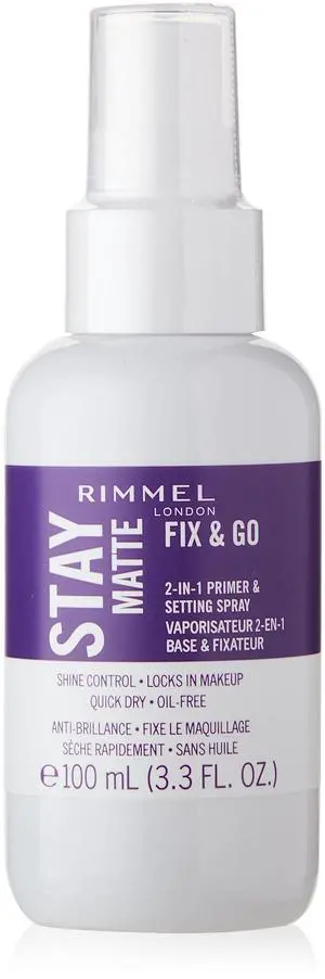 Rimmel London Stay Matte Fix & Go - 001 Transparent - 2-in-1 Primer & Setting Spray, Oil-Free, Locks Makeup into Place, Soothes Skin, 3.3 oz Rimmel London Stay Matte Fix & Go - 001 Transparent - 2-in-1 Primer & Setting Spray, Oil-Free, Locks Makeup into Place, Soothes Skin, 3.3 oz
