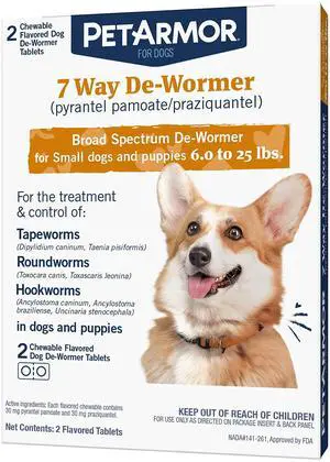 PetArmor 7 Way De-Wormer for Dogs, Oral Treatment of Tapeworm, Roundworm & Hookworm, Dewormer for Puppies & Small Dogs (6-25 lbs), Worm Remover (Praziquantel & Pyrantel Pamoate), 2 Flavored Chewables PetArmor 7 Way De-Wormer for Dogs, Oral Treatment of Tapeworm, Roundworm & Hookworm, Dewormer for Puppies & Small Dogs (6-25 lbs), Worm Remover (Praziquantel & Pyrantel Pamoate), 2 Flavored Chewables