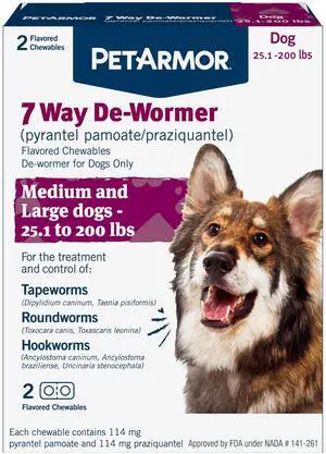 PetArmor 7 Way De-Wormer for Dogs, Oral Treatment for Tapeworm, Roundworm & Hookworm in Large Dogs & Puppies (Over 25 lbs), Worm Remover, Puppy Dewormer (Praziquantel & Pyrantel Pamoate), 2 Chewables PetArmor 7 Way De-Wormer for Dogs, Oral Treatment for Tapeworm, Roundworm & Hookworm in Large Dogs & Puppies (Over 25 lbs), Worm Remover, Puppy Dewormer (Praziquantel & Pyrantel Pamoate), 2 Chewables