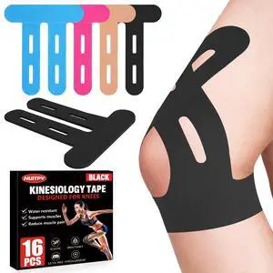 16 Pcs Kinesiology Tape for Knees, Pre Cut Knee Support & Stability, Elastic, Breathable, Latex-Free Pain Relief Athletic Tape for Knee - Black 16 Pcs Kinesiology Tape for Knees, Pre Cut Knee Support & Stability, Elastic, Breathable, Latex-Free Pain Relief Athletic Tape for Knee - Black