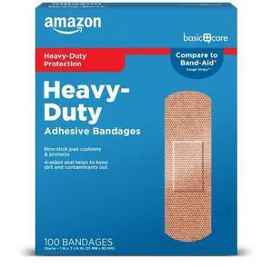 Heavy-Duty Flexible Fabric Adhesive Bandages, First Aid and Wound Care Supplies for Minor Cuts, Scrapes, Blisters, One Size, 100 Count Heavy-Duty Flexible Fabric Adhesive Bandages, First Aid and Wound Care Supplies for Minor Cuts, Scrapes, Blisters, One Size, 100 Count