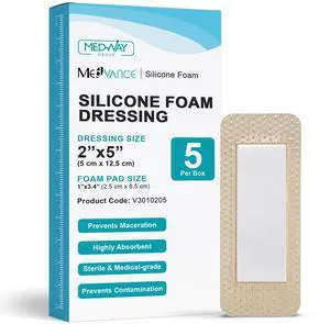 Silicone Foam Adhesive Dressing with Border, 2"x5", Box of 5 Silicone Foam Adhesive Dressing with Border, 2"x5", Box of 5