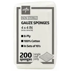 4 x 4 inch Gauze Sponges, 100% Cotton, 8-Ply Woven Non-Sterile Gauze (Pack of 200) 4 x 4 inch Gauze Sponges, 100% Cotton, 8-Ply Woven Non-Sterile Gauze (Pack of 200)