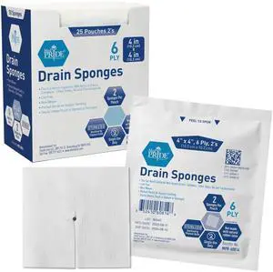 Sterile Drain Sponges,4x4 in,6-Ply,Pre-Cut T-Slit,50-Count Sterile Drain Sponges,4x4 in,6-Ply,Pre-Cut T-Slit,50-Count