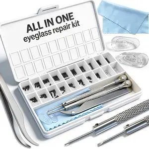 Black Eyeglass Repair Kit with 18 Sizes Black-Coated Screws, 1.4mm Precision Screwdrivers, Tweezers, Nose Pads & Cloth - Compact Eye Glass Repairing Kit for All Eyewear Types Black Eyeglass Repair Kit with 18 Sizes Black-Coated Screws, 1.4mm Precision Screwdrivers, Tweezers, Nose Pads & Cloth - Compact Eye Glass Repairing Kit for All Eyewear Types