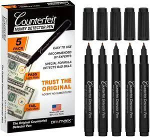 CFD5PK Counterfeit Bill Detector Marker Pen, Made in The USA, 3 Times More Ink, Pocket Size, Fake Money Checker - Money Loss Prevention Tester & Fraud Protection for U.S. Currency (Pack of 5) CFD5PK Counterfeit Bill Detector Marker Pen, Made in The USA, 3 Times More Ink, Pocket Size, Fake Money Checker - Money Loss Prevention Tester & Fraud Protection for U.S. Currency (Pack of 5)
