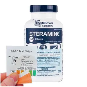 1 Bottle Steramine Sanitizer Tablets w/15x QT-10 Test Strips - Multi Purpose Steramine Sanitizing Tablets for Food Contact Surface, Kitchen, Restaurant & Commercial Use(150 Count) 1 Bottle Steramine Sanitizer Tablets w/15x QT-10 Test Strips - Multi Purpose Steramine Sanitizing Tablets for Food Contact Surface, Kitchen, Restaurant & Commercial Use(150 Count)