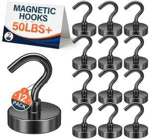 Heavy Duty Magnetic Hooks, 50LB+ Magnets with Hooks, 12 Pack Black Heavy Duty Magnetic Hooks, 50LB+ Magnets with Hooks, 12 Pack Black