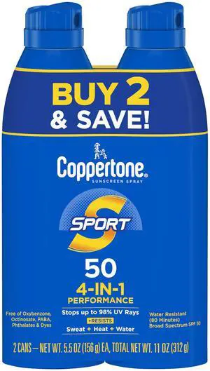 Sport Sunscreen Spray SPF 50, Water Resistant Broad Spectrum UVA/UVB Spray Sunscreen, 5.5 Oz, Pack of 2, Continuous Sprayer Sport Sunscreen Spray SPF 50, Water Resistant Broad Spectrum UVA/UVB Spray Sunscreen, 5.5 Oz, Pack of 2, Continuous Sprayer