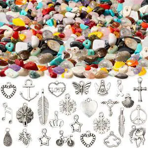 Natural Chip Stones for Bracelet - 400pcs 5mm to 8mm Gemstones Healing Loose Rocks Bead Hole Drilled DIY with 30pcs Silver Charms for Bracelet Necklace Earrings Jewelry Making Craft Natural Chip Stones for Bracelet - 400pcs 5mm to 8mm Gemstones Healing Loose Rocks Bead Hole Drilled DIY with 30pcs Silver Charms for Bracelet Necklace Earrings Jewelry Making Craft