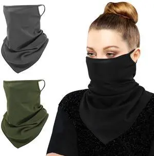 Scarf Mask Bandana with Ear Loops 3 Pack, Neck Gaiter Balaclava UV Sun Protection Face Mask for Dust Wind Outdoors Motorcycle Cycle Bandana Headband for Women Men, Army Green & Black & Dark Gray Scarf Mask Bandana with Ear Loops 3 Pack, Neck Gaiter Balaclava UV Sun Protection Face Mask for Dust Wind Outdoors Motorcycle Cycle Bandana Headband for Women Men, Army Green & Black & Dark Gray