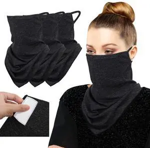 Scarf Mask Bandana with Ear Loops 3 Pack, Neck Gaiter Balaclava with Filter Pocket UV Sun Protection Face Mask for Dust Wind Motorcycle Cycle Bandana Headband for Women Men, Black Scarf Mask Bandana with Ear Loops 3 Pack, Neck Gaiter Balaclava with Filter Pocket UV Sun Protection Face Mask for Dust Wind Motorcycle Cycle Bandana Headband for Women Men, Black
