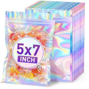 Holographic Bags 5x7 Mylar Bags Resealable 50PCS, Smell Proof Packaging Bag Pouches Clear Window Goodie Baggies for Snack Candy Jewelry Party Favor, Small Plastic Gift Bag for Small Business Holographic Bags 5x7 Mylar Bags Resealable 50PCS, Smell Proof Packaging Bag Pouches Clear Window Goodie Baggies for Snack Candy Jewelry Party Favor, Small Plastic Gift Bag for Small Business