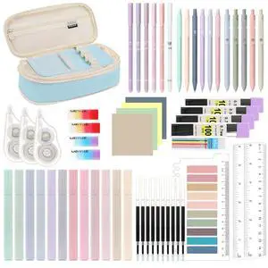 Pencil Case with Supplies, 60Pcs Aesthetic School Set, Blue Pencil Case with Supplies, 60Pcs Aesthetic School Set, Blue