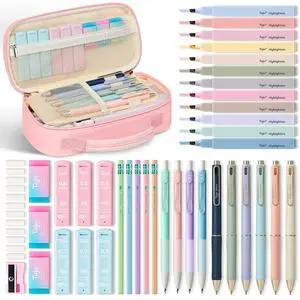 Cute Pencil Case With Supplies, 39 PCS Aesthetic Stationery Set with Pencil Pouch, 6 Black Ink Gel Pens, 12 Pastel Highlighters, 5 #2 HB Pencils, 4 Mechanical Pencils, Back to School Supplies - Pink Cute Pencil Case With Supplies, 39 PCS Aesthetic Stationery Set with Pencil Pouch, 6 Black Ink Gel Pens, 12 Pastel Highlighters, 5 #2 HB Pencils, 4 Mechanical Pencils, Back to School Supplies - Pink