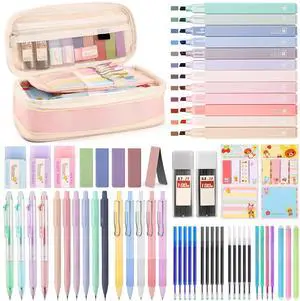 62PCS Aesthetic Stationery Set with Foldable Pencil Case, Pink 62PCS Aesthetic Stationery Set with Foldable Pencil Case, Pink