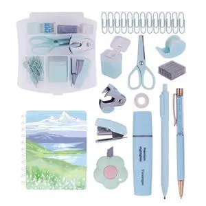 Mini Office Supply Kit Includes Stapler Tape Dispenser Staple Remover Paper Clips Scissor Notebook Highlighter Ballpoint Pen Small Telescopic Knife for Office and School Student (Blue Set) Mini Office Supply Kit Includes Stapler Tape Dispenser Staple Remover Paper Clips Scissor Notebook Highlighter Ballpoint Pen Small Telescopic Knife for Office and School Student (Blue Set)