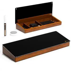 Desktop Black Glass Dry Erase Board with Wood Organizers for Small Office Supplies, Desk Whiteboard with Drawer for Home Office Cubicle, Accessories Included Desktop Black Glass Dry Erase Board with Wood Organizers for Small Office Supplies, Desk Whiteboard with Drawer for Home Office Cubicle, Accessories Included