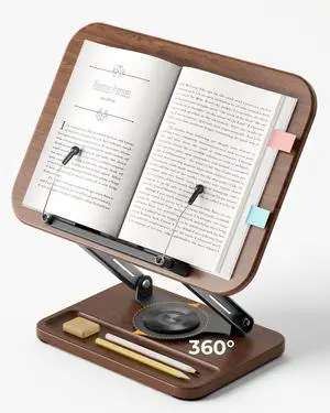 Adjustable Book Stand for Reading, Book Holder with 360° Rotation Base, Height Adjustable Book Reading Stand with Extendable Page Clips Wooden Stand Holder for Cookbook, Receipe Book, Thick Book Adjustable Book Stand for Reading, Book Holder with 360° Rotation Base, Height Adjustable Book Reading Stand with Extendable Page Clips Wooden Stand Holder for Cookbook, Receipe Book, Thick Book