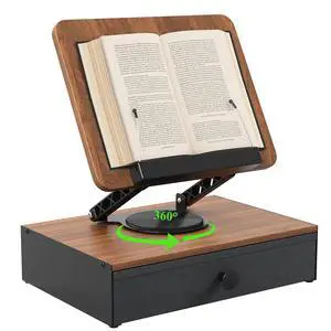 Book Stand for Reading with Storage Drawer, 360°Rotating Book Holders for Reading Hands Free, Adjustable Angle Book Holder for Cookbook/Recipe/Laptop, Foldable Cookbook Stand Holder for Kitchen Book Stand for Reading with Storage Drawer, 360°Rotating Book Holders for Reading Hands Free, Adjustable Angle Book Holder for Cookbook/Recipe/Laptop, Foldable Cookbook Stand Holder for Kitchen